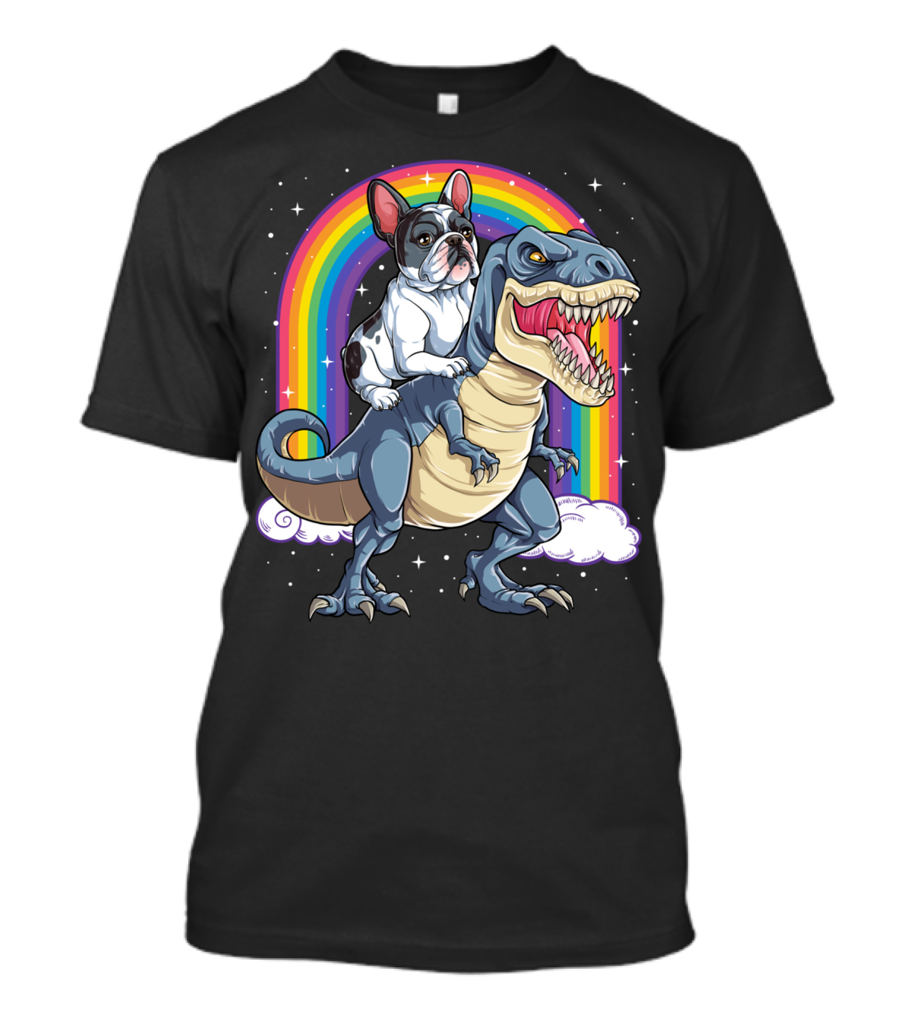French Bulldog On Dinosaur With Rainbow And Stars T-Shirt