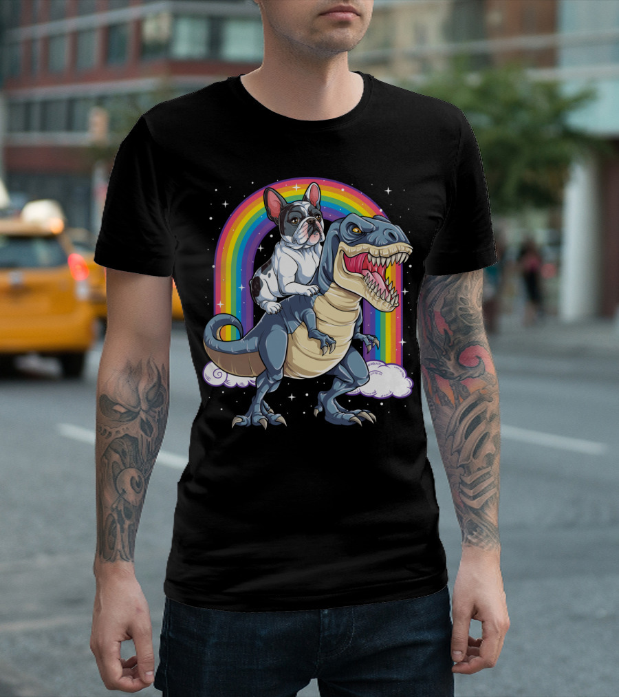 French Bulldog On Dinosaur With Rainbow And Stars T-Shirt