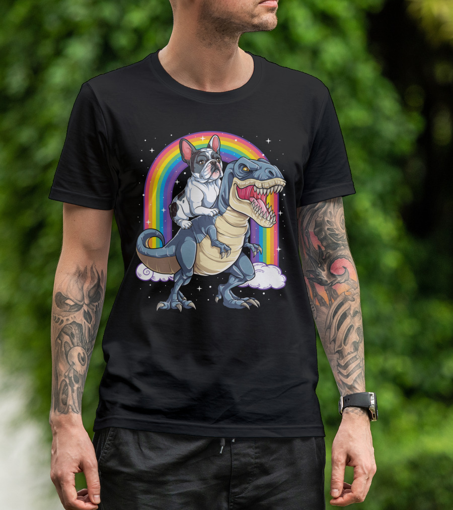 French Bulldog On Dinosaur With Rainbow And Stars T-Shirt