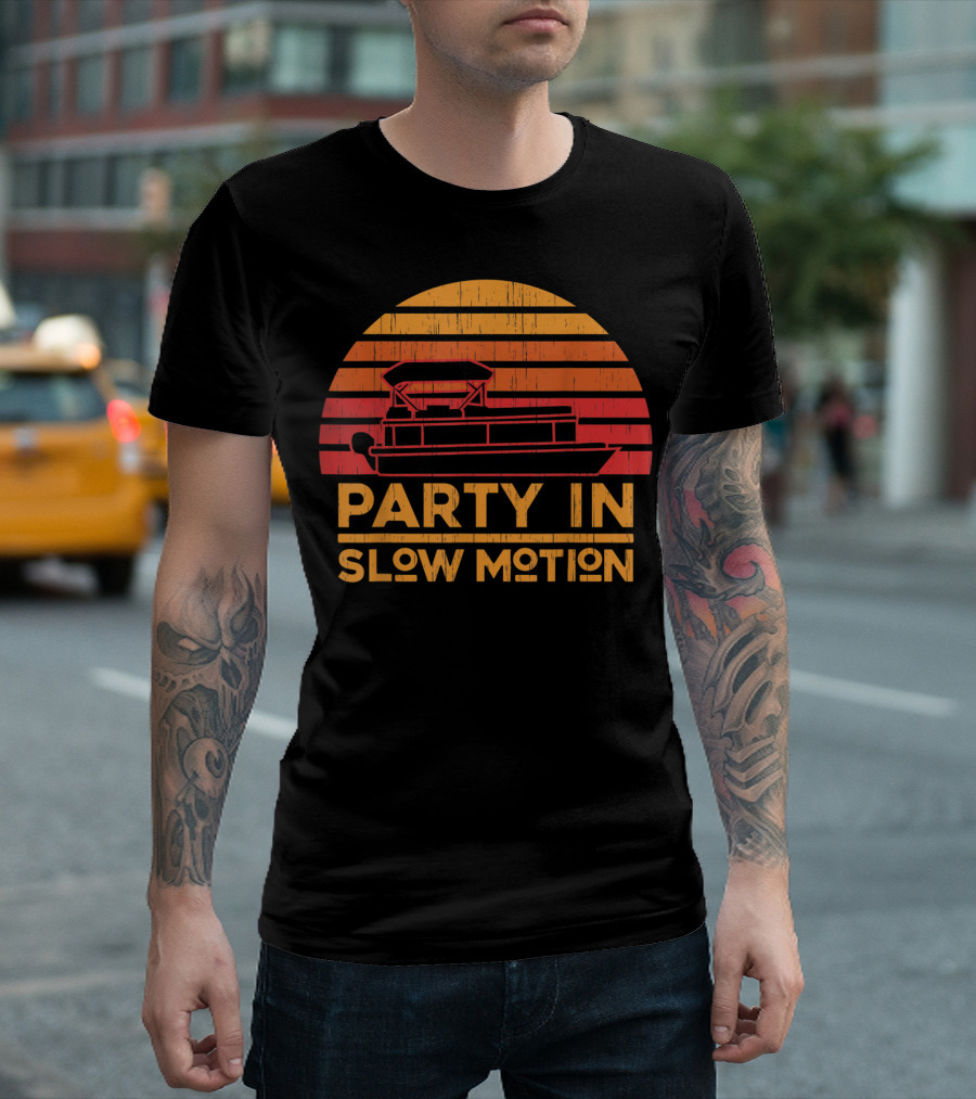 Pontoon Boat Party in Slow Motion Retro Sunset T-Shirt