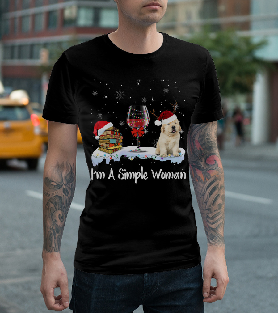 I'm a Simple Woman Books Wine Golden Retriever Christmas Snowflakes Santa Hat T-Shirt