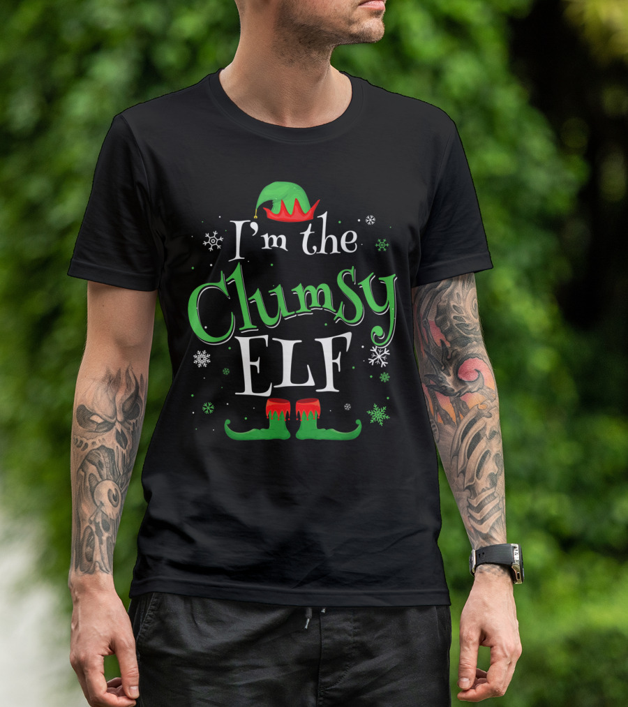 I'm The Clumsy Elf Green Red Hat Snowflakes T-Shirt