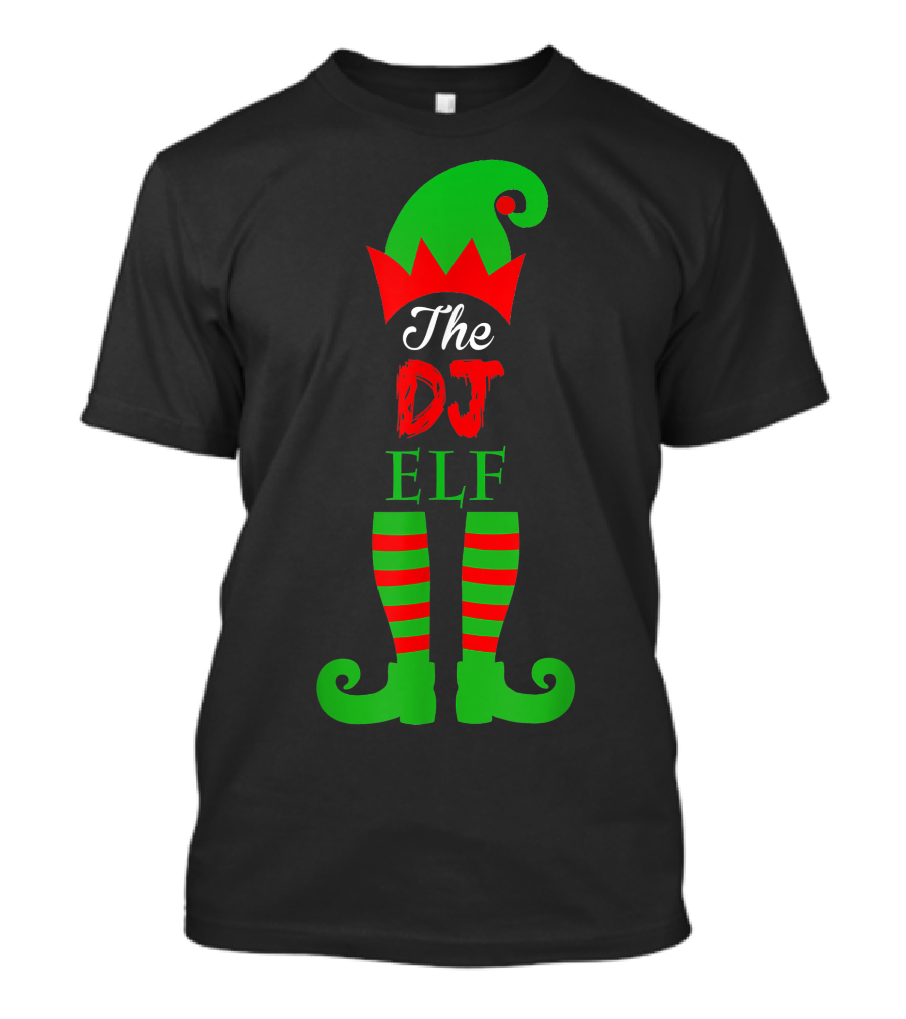 The DJ Elf Green And Red Striped Hat And Shoes Christmas Family T-Shirt