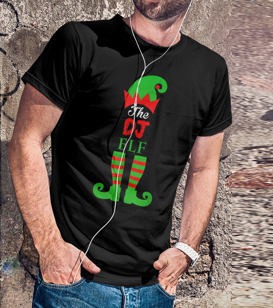 The DJ Elf Green And Red Striped Hat And Shoes Christmas Family T-Shirt