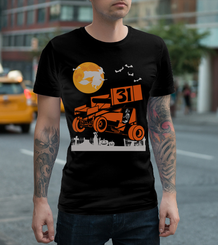 Halloween Sprint Car Dirt Track Racing Skeleton Number 31 T-Shirt