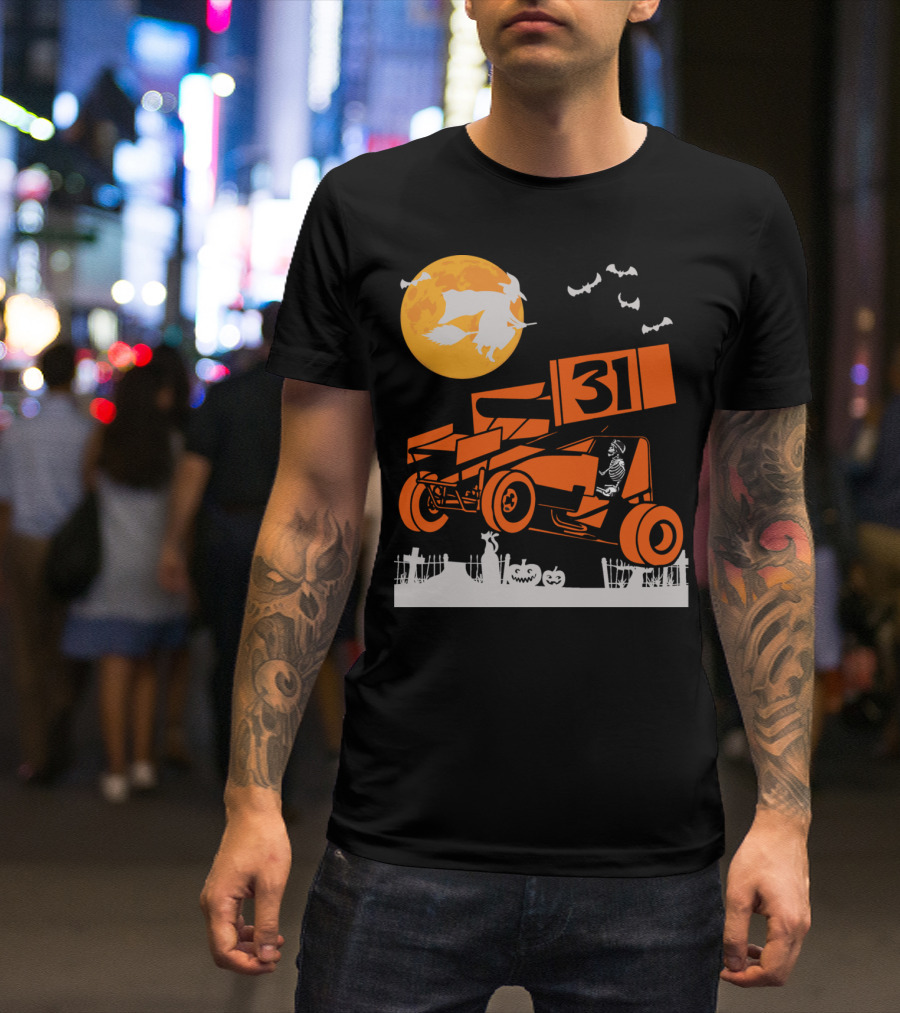 Halloween Sprint Car Dirt Track Racing Skeleton Number 31 T-Shirt