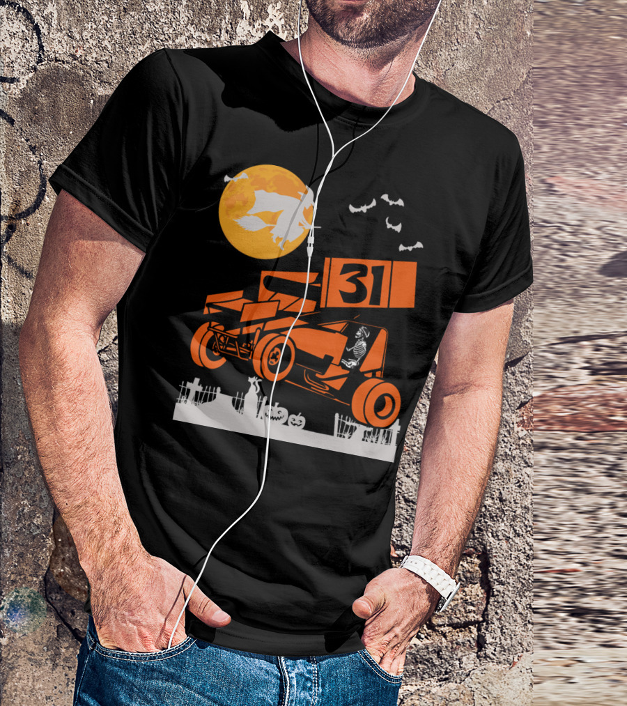 Halloween Sprint Car Dirt Track Racing Skeleton Number 31 T-Shirt