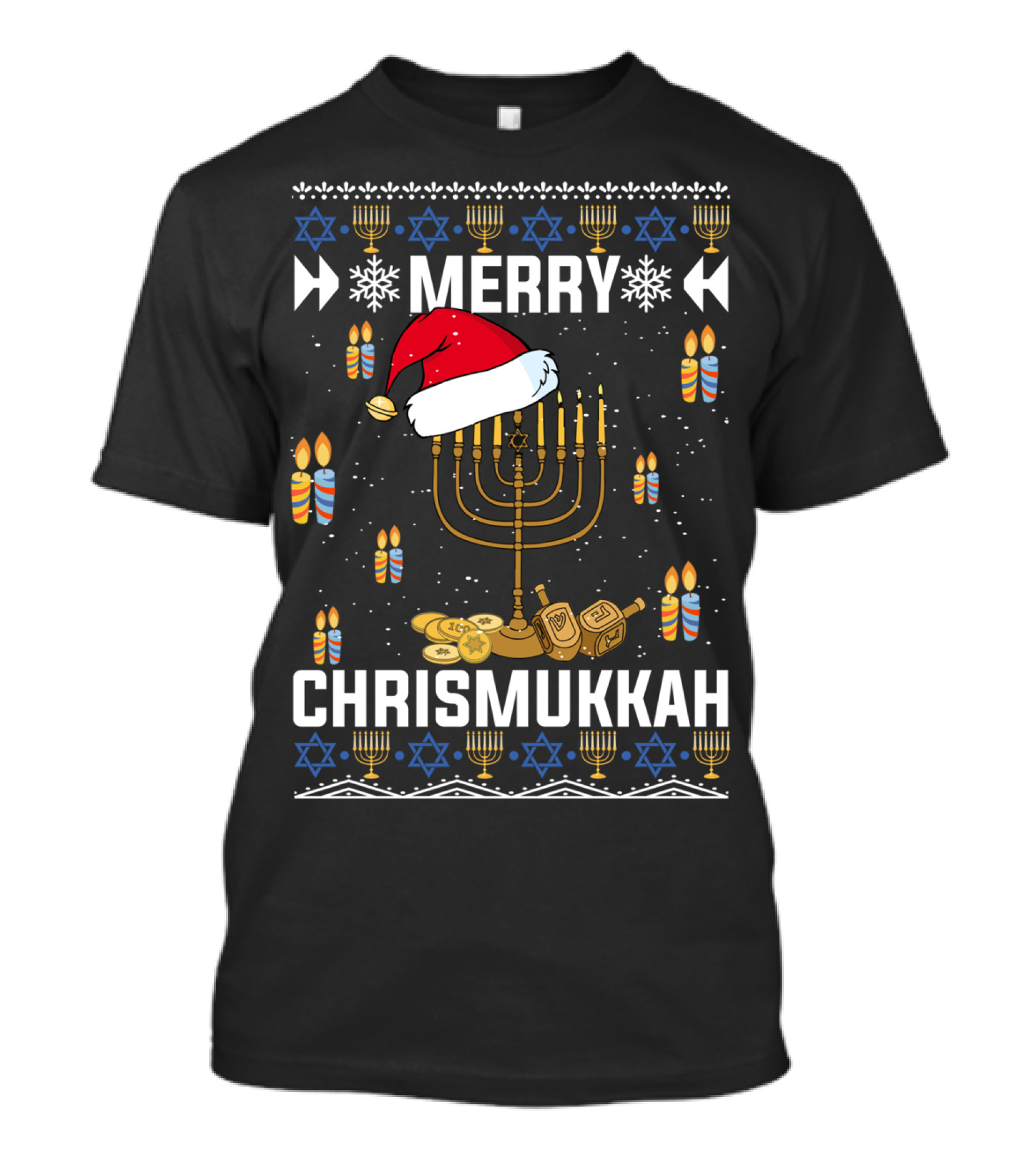 Merry Chrismukkah Menorah Santa Hat Dreidel Candles Snowflakes Stars Coins T-Shirt