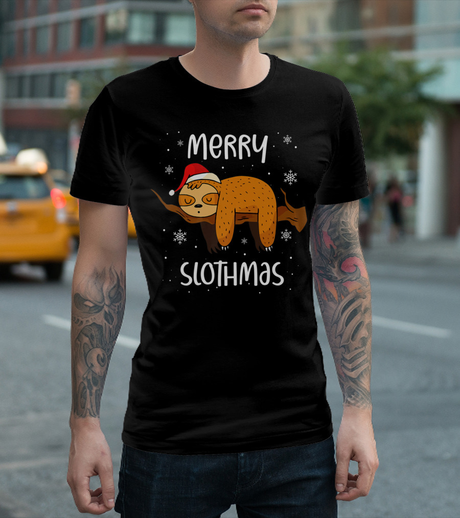 Merry Slothmas Christmas Sleeping Sloth with Santa Hat and Snowflakes T-Shirt