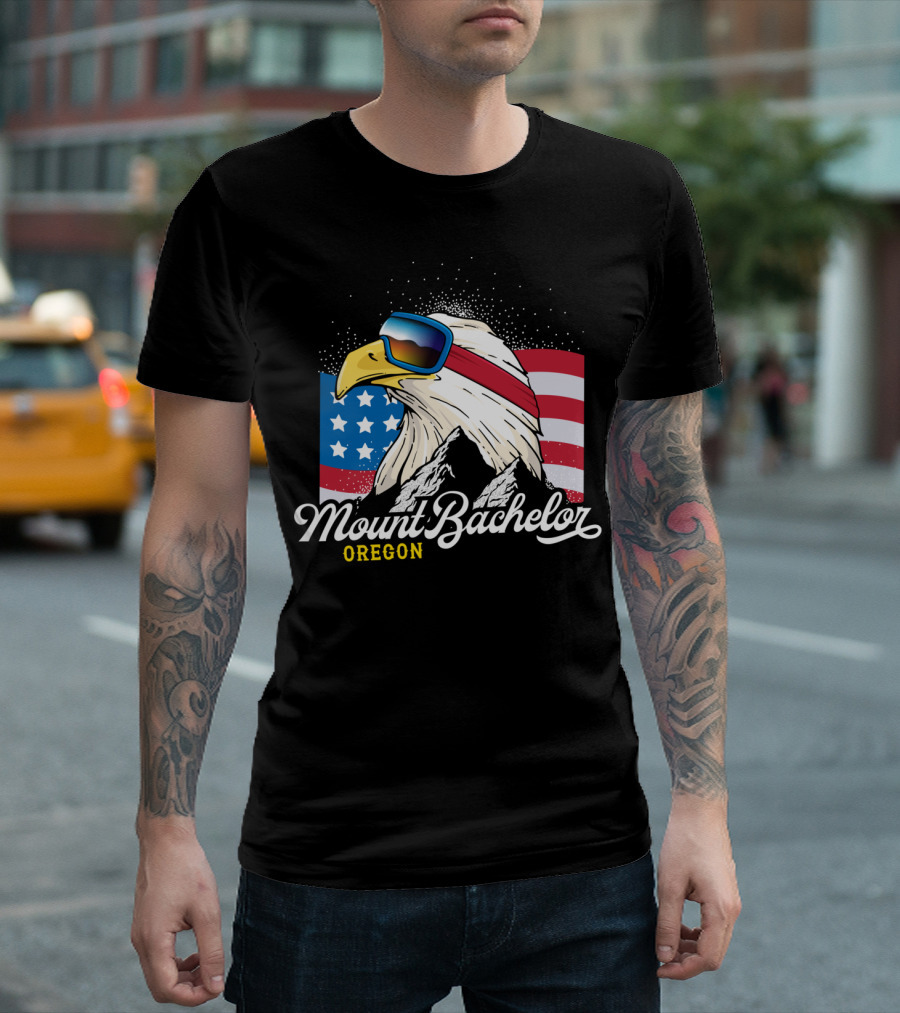 Mount Bachelor Oregon USA Winter Sports Eagle With American Flag And Goggles T-Shirt
