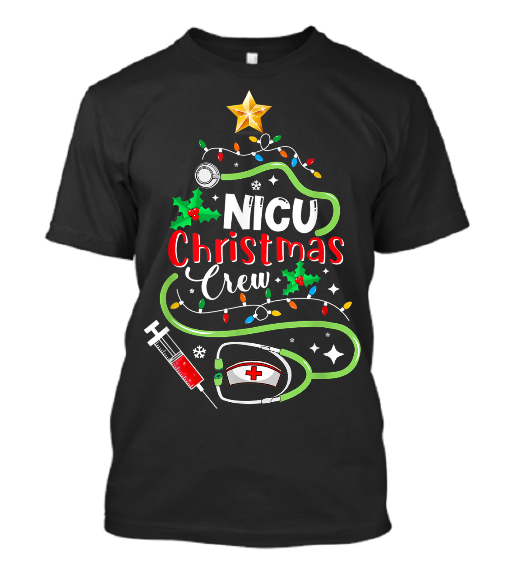 NICU Christmas Crew Neonatal Nurse Techs Festive Stethoscope And Syringe Lights T-Shirt