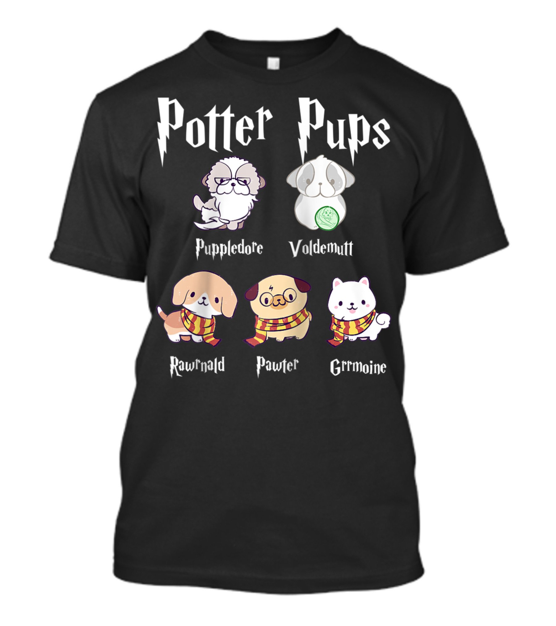 Potter Pups Puppledore Voldemutt Pawter Grremoine Rawnald T-Shirt