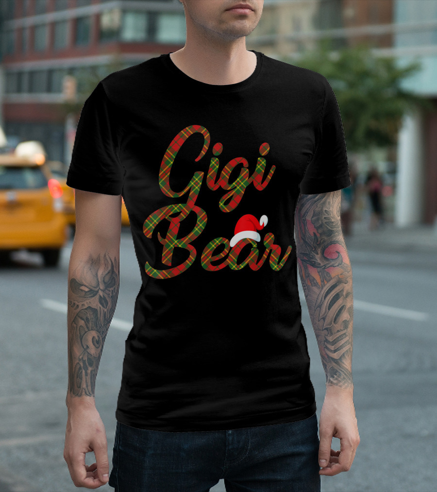 Gigi Bear Red Plaid Family Buffalo Christmas Santa Hat Matching T-Shirt