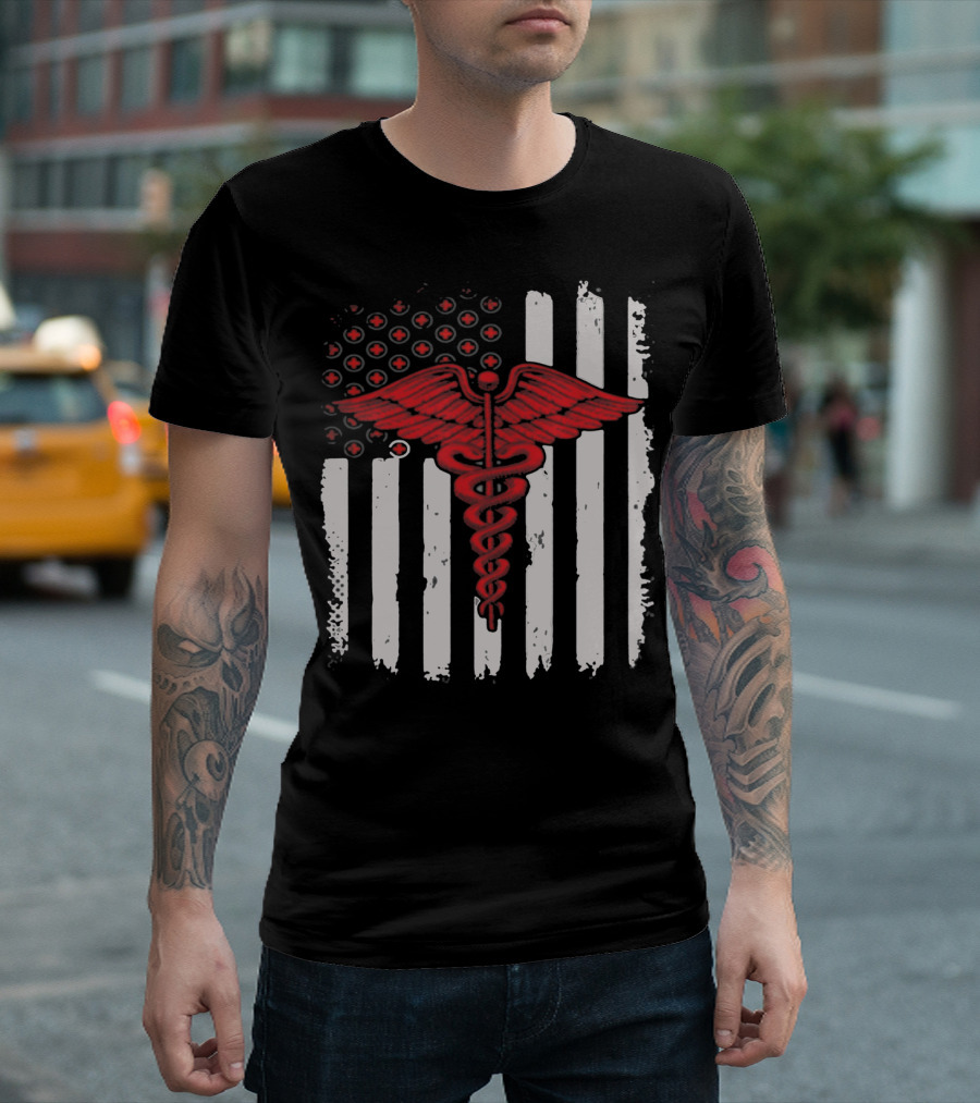 Caduceus Nurse Red Stripes American Flag T-Shirt