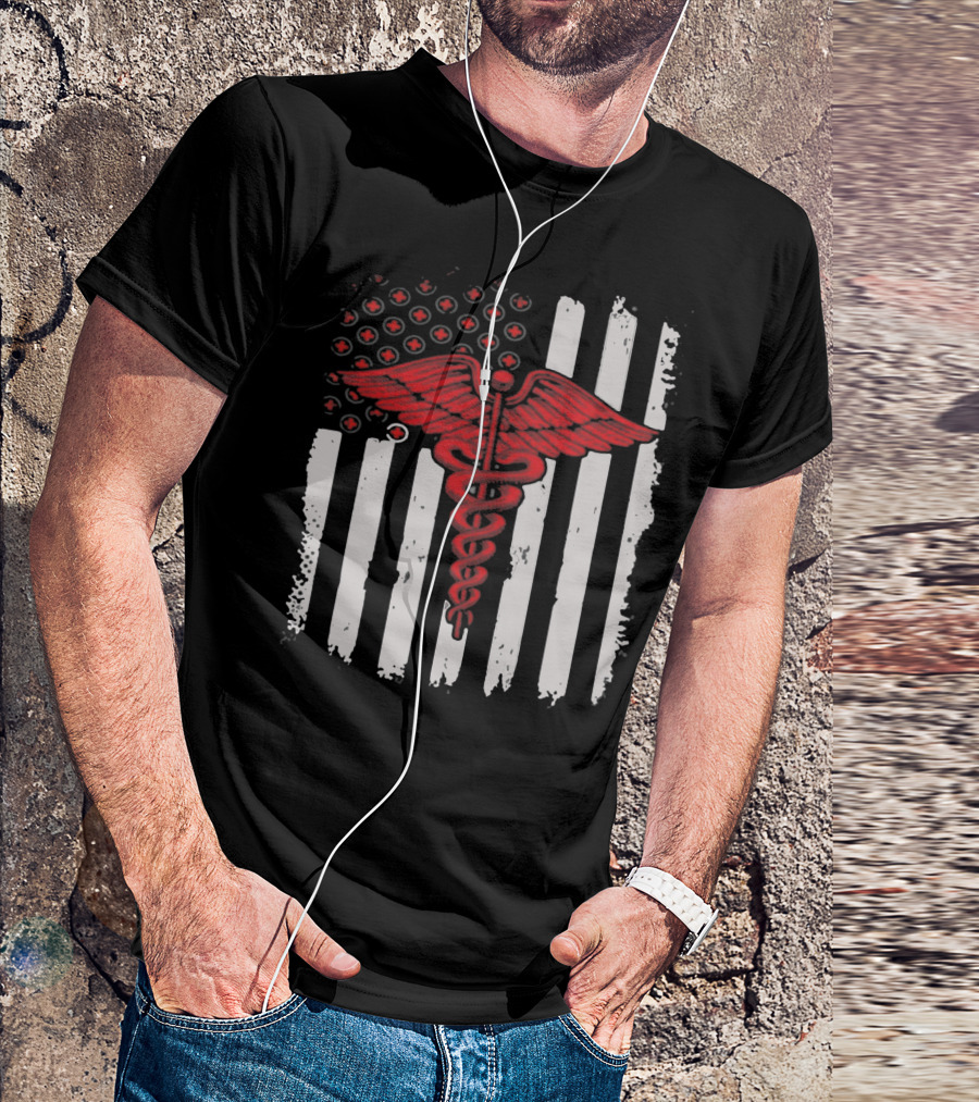 Caduceus Nurse Red Stripes American Flag T-Shirt