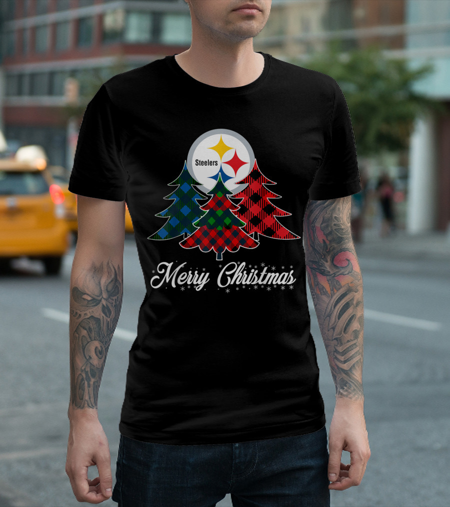 Merry Christmas Pittsburgh Steelers Plaid Trees T-Shirt