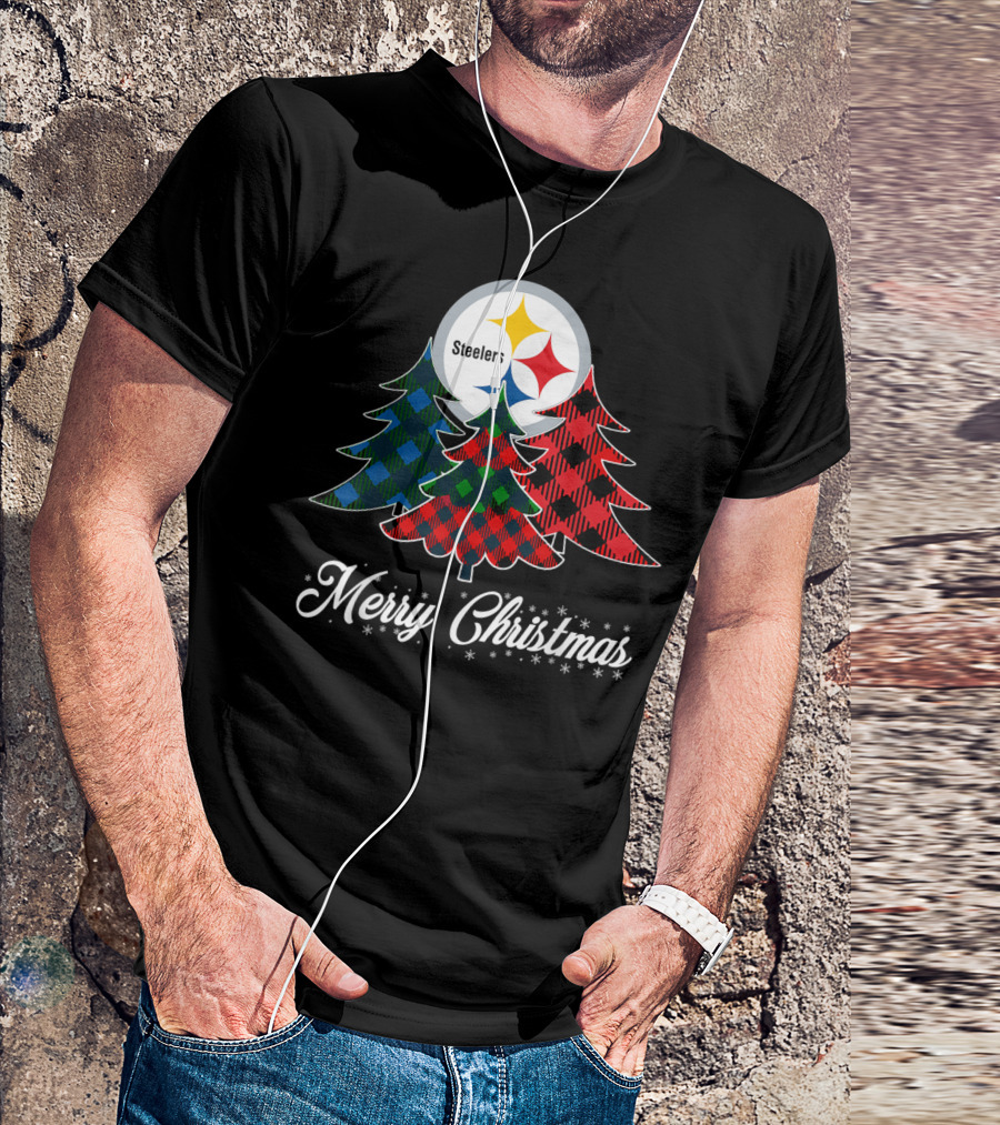 Merry Christmas Pittsburgh Steelers Plaid Trees T-Shirt