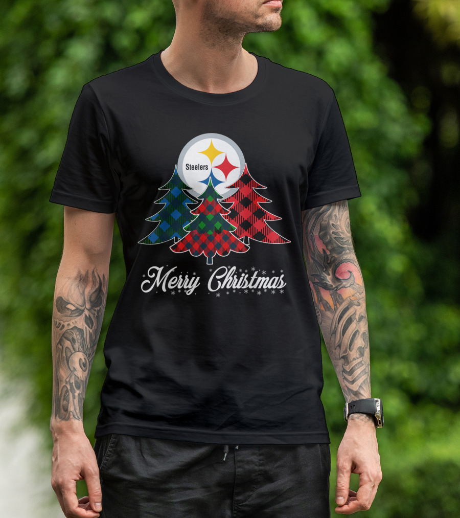 Merry Christmas Pittsburgh Steelers Plaid Trees T-Shirt