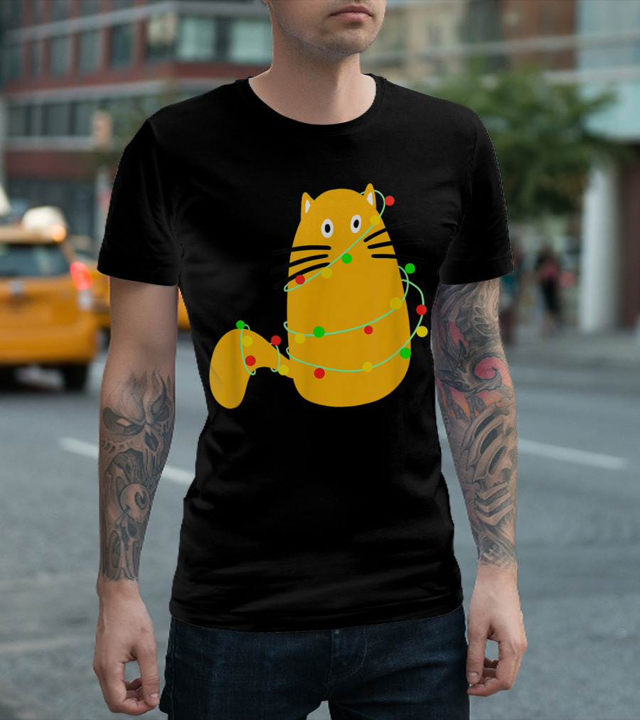 Cute Festive Cat Wrapped in Christmas Lights T-Shirt