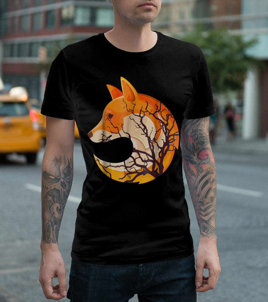 Fox Silhouette with Tree Branches Inside Circular T-Shirt