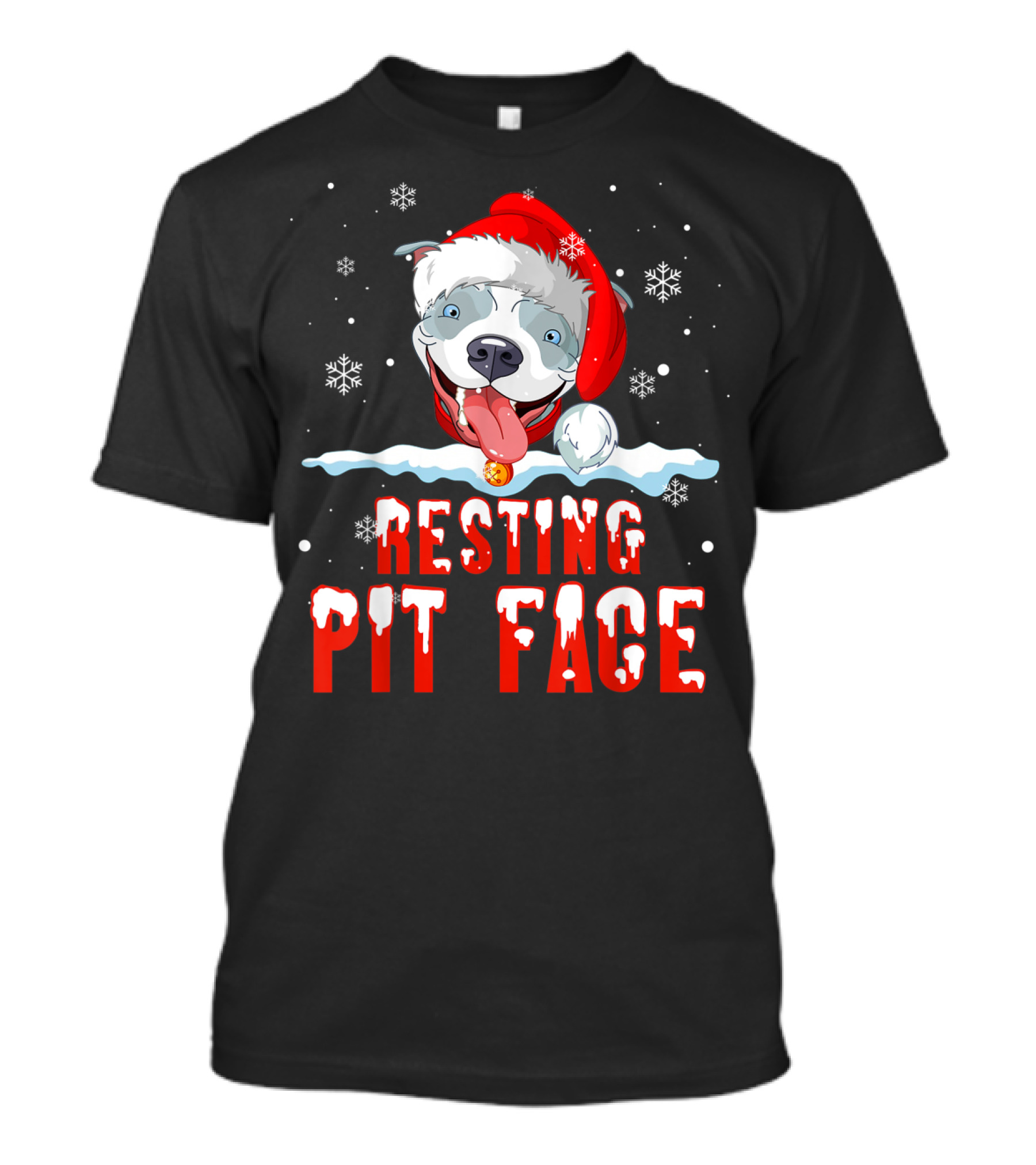 Funny Christmas Dog Pitbull Resting Pit Face Santa Hat Snowflake T-Shirt