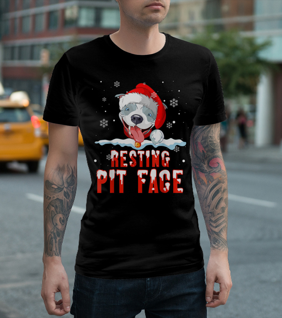 Funny Christmas Dog Pitbull Resting Pit Face Santa Hat Snowflake T-Shirt