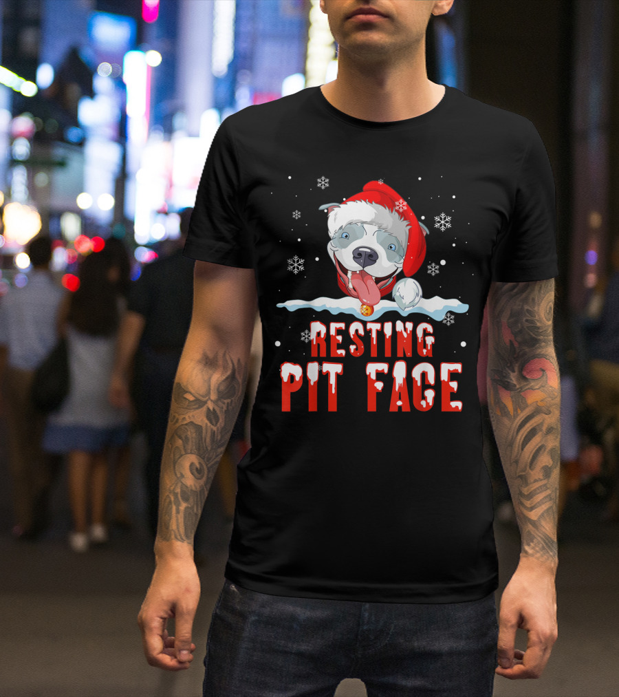 Funny Christmas Dog Pitbull Resting Pit Face Santa Hat Snowflake T-Shirt