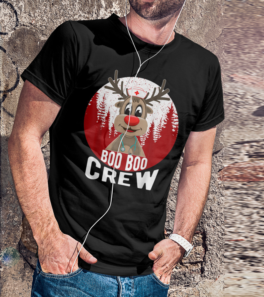 Boo Boo Crew Nurse Reindeer With Stethoscope And Santa Hat T-Shirt