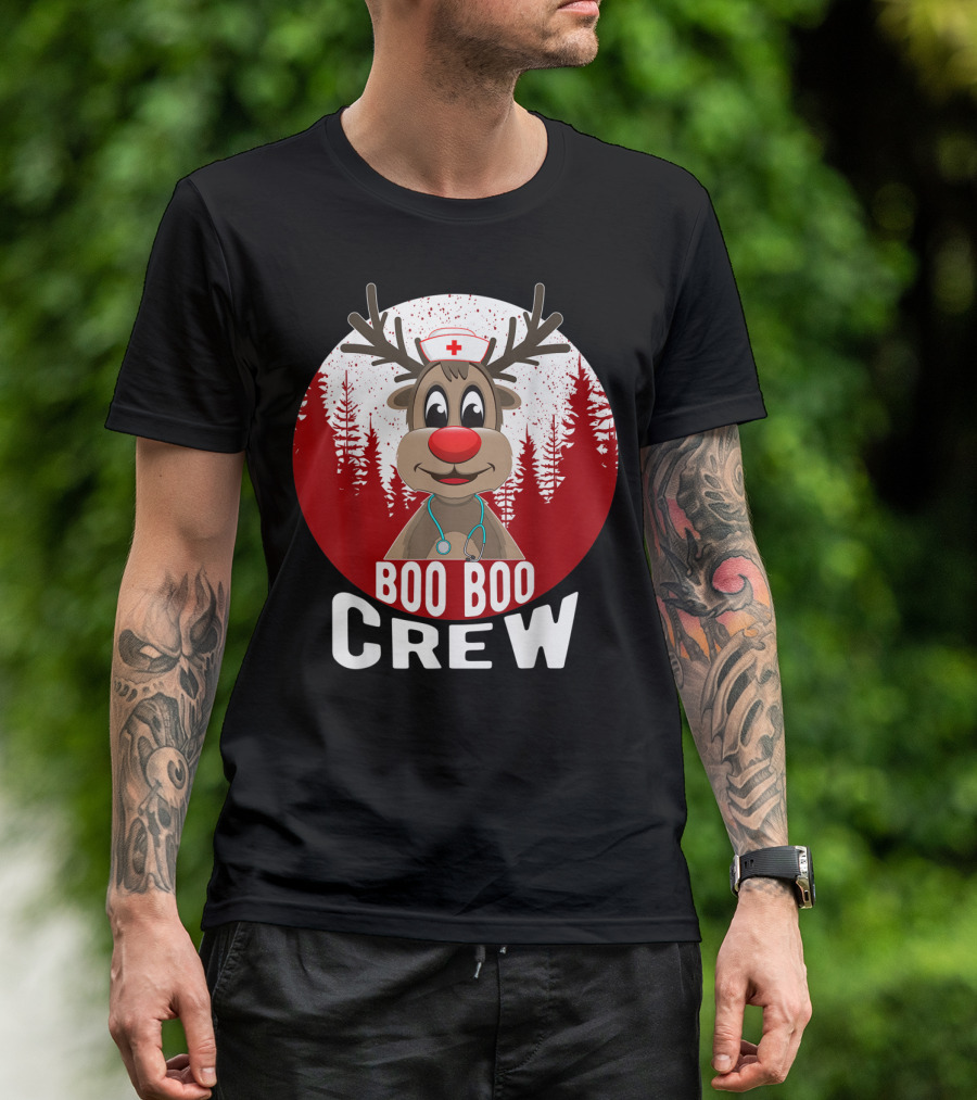 Boo Boo Crew Nurse Reindeer With Stethoscope And Santa Hat T-Shirt