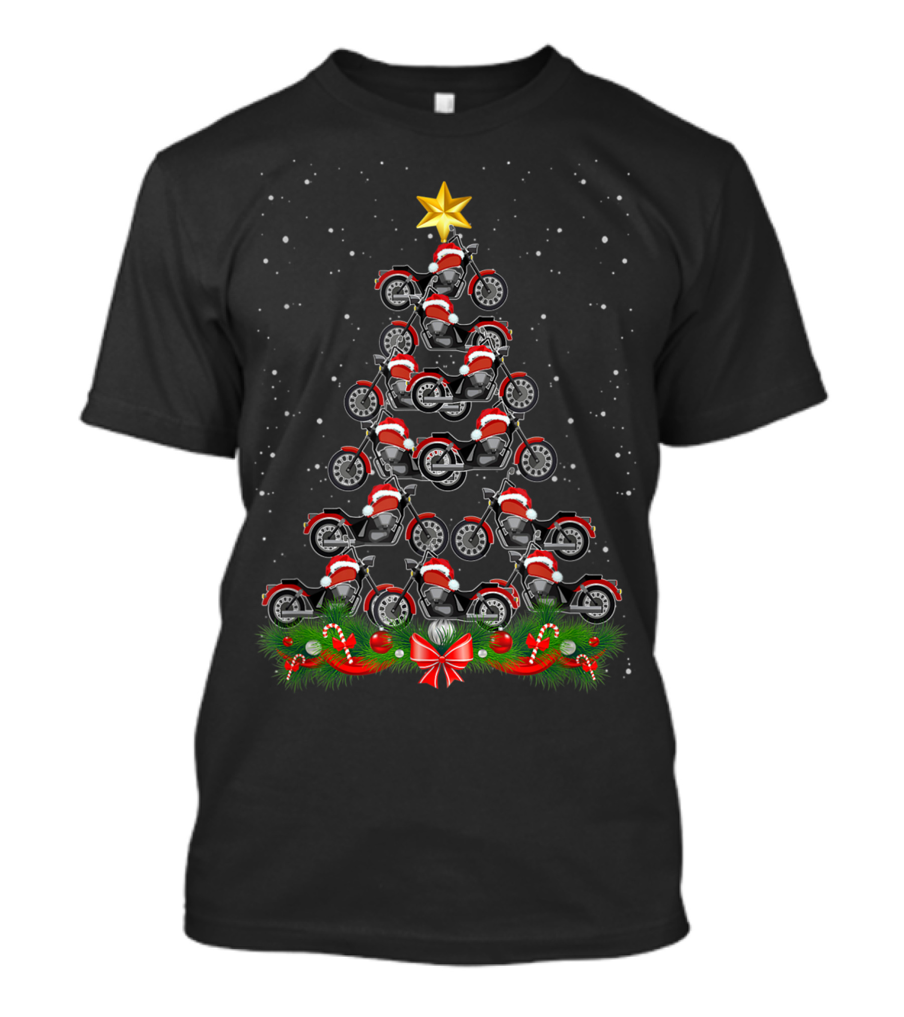 Motorcycle Santa Hat Christmas Tree With Star And Festive Decorations T-Shirt