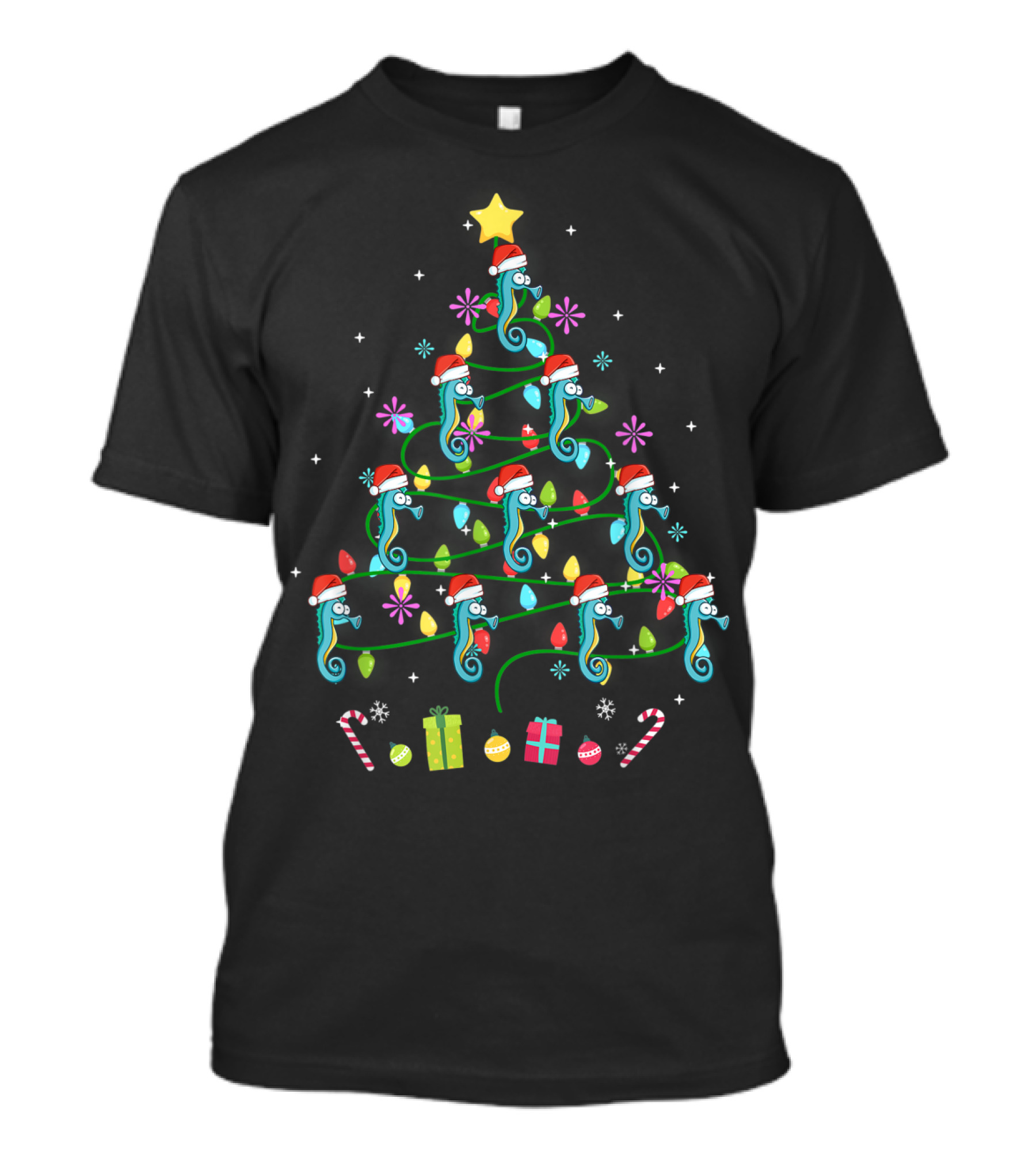 Seahorse Christmas Tree With Santa Hats And Colorful Lights T-Shirt