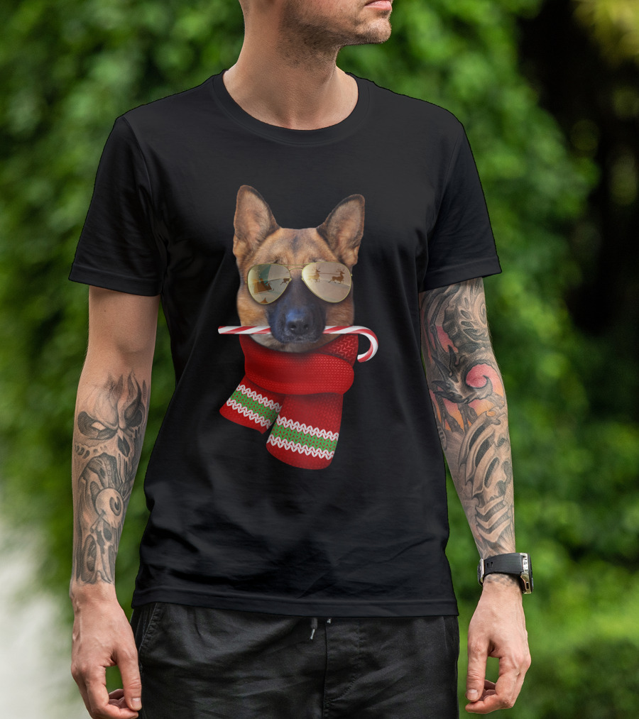 German Shepherd Christmas Dog With Candy Cane And Red Scarf T-Shirt