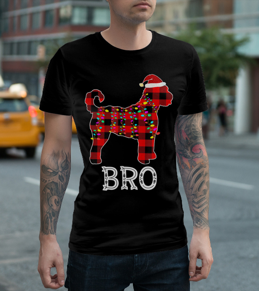 Goldendoodle Bro Christmas Lights Buffalo Plaid Santa Hat T-Shirt