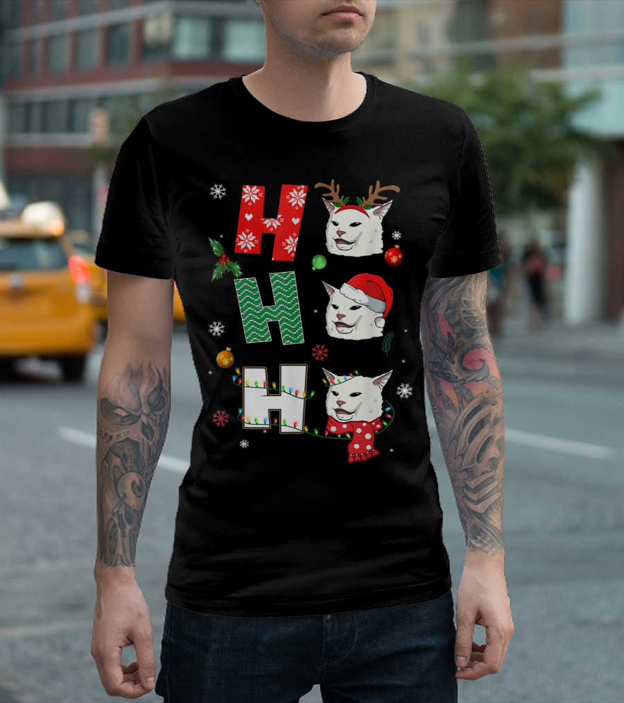 Ho Ho Ho Smudge Cat Santa Hat Reindeer Antlers Christmas Ornaments Snowflakes Xmas X4 T-Shirt