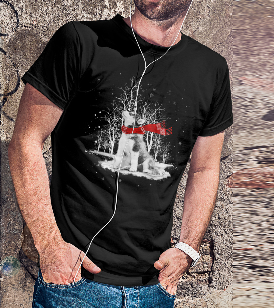 Husky Dog With Red Scarf In Snowy Winter Forest T-Shirt