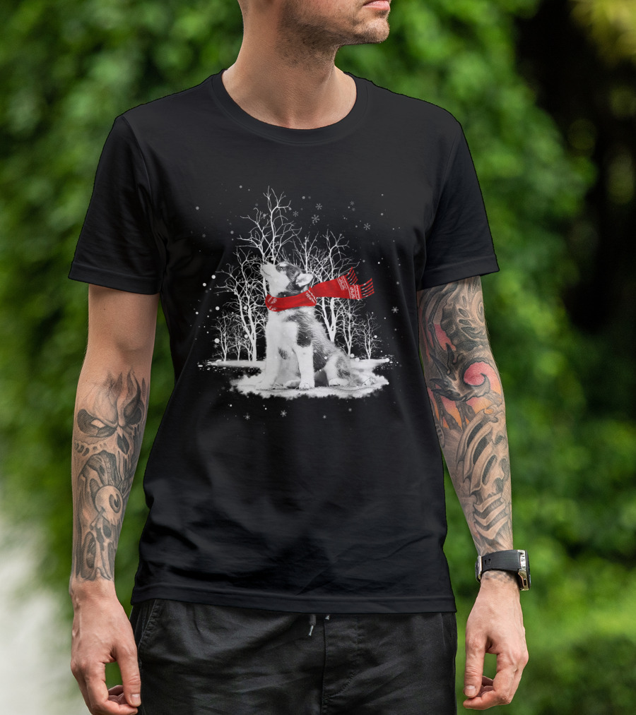 Husky Dog With Red Scarf In Snowy Winter Forest T-Shirt
