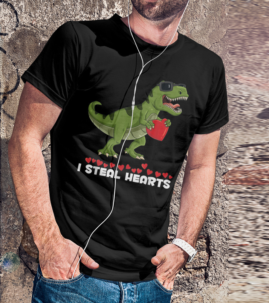 I Steal Hearts T-Rex Holding Heart Valentine's Day T-Shirt