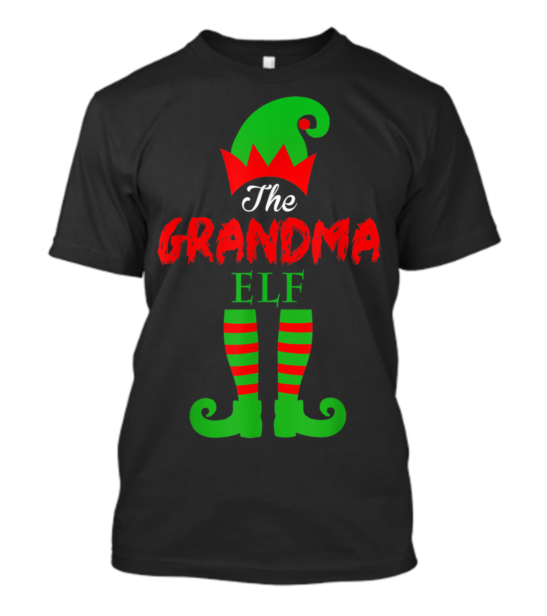 The Grandma Elf Family Christmas Matching Pajamas Green Hat Red Striped Socks T-Shirt