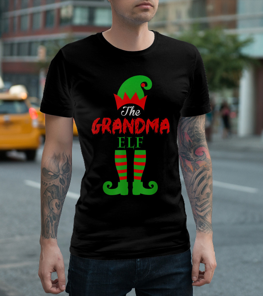 The Grandma Elf Family Christmas Matching Pajamas Green Hat Red Striped Socks T-Shirt