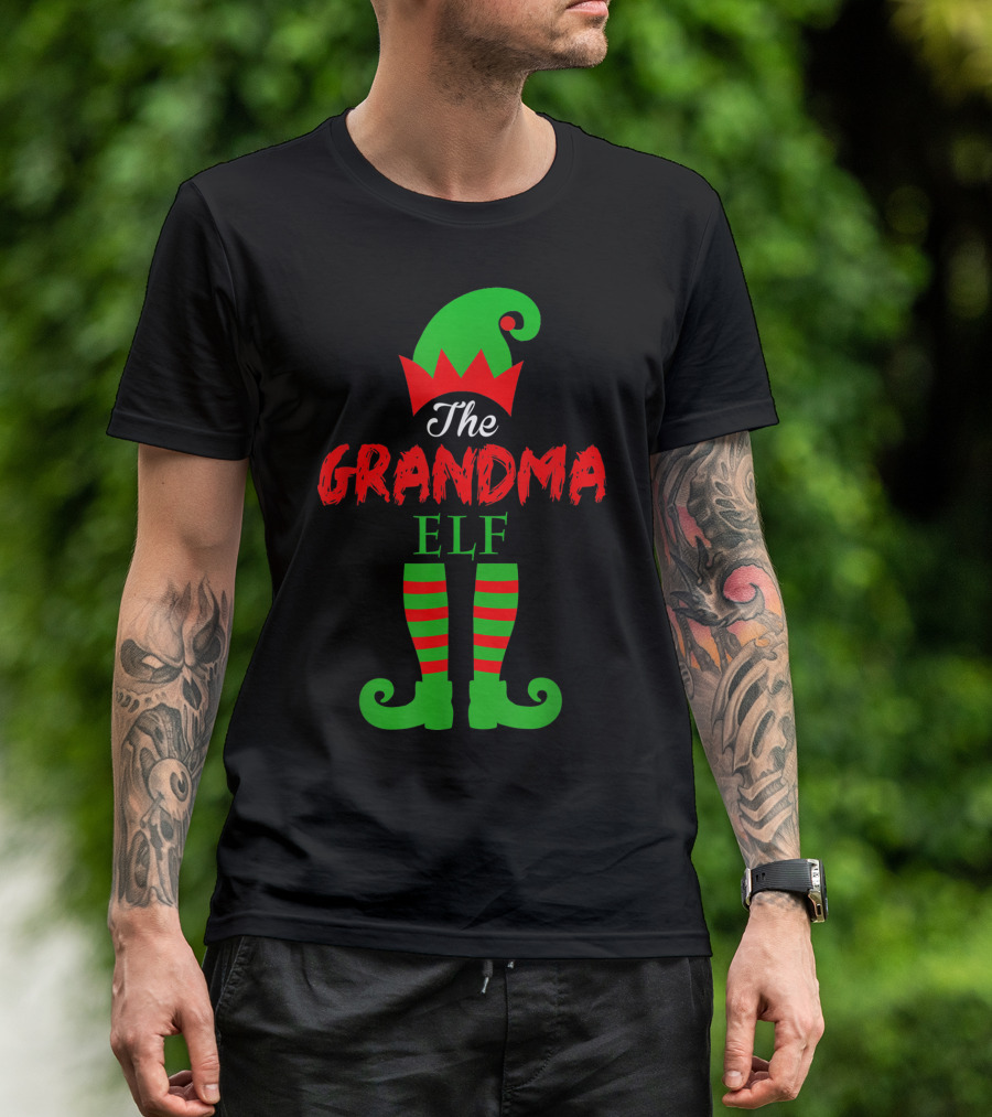 The Grandma Elf Family Christmas Matching Pajamas Green Hat Red Striped Socks T-Shirt