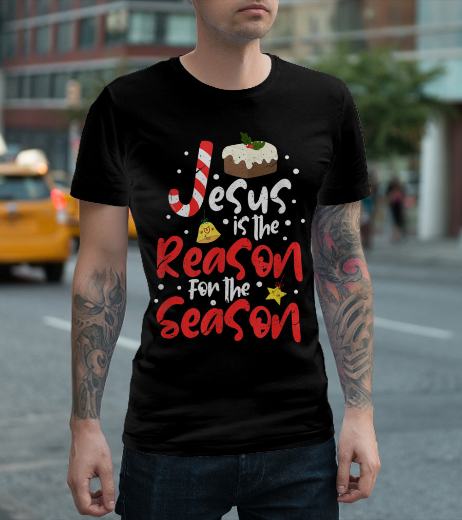Jesus Is The Reason For The Season Christian Candy Cane Christmas Pudding Decorated Text T-Shirt