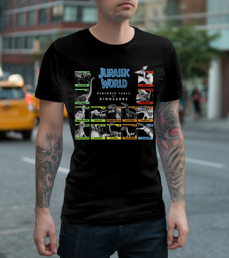 Jurassic World Periodic Table of Dinosaurs Brachiosaurus Tyrannosaurus Velociraptor Spinosaurus Pteranodon Mosasaurus T-Shirt