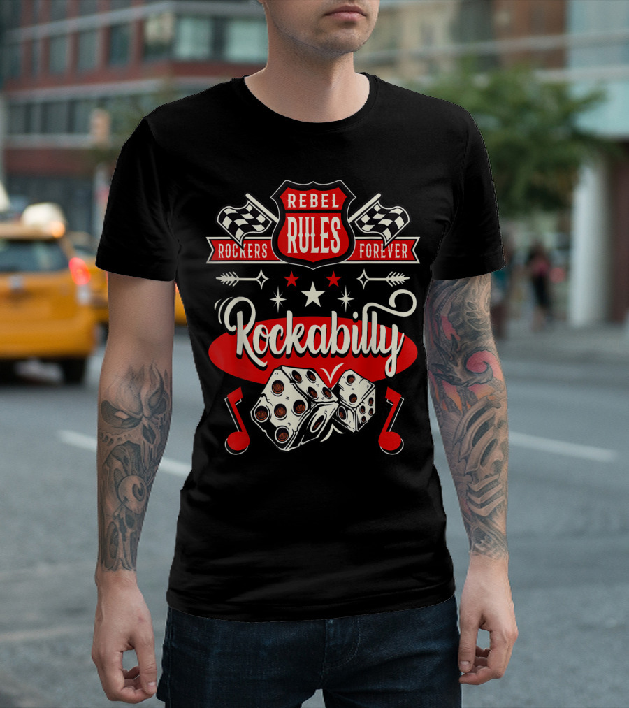 Rebel Rules Rockers Forever Rockabilly 50s Sock Hop Costume Greaser Dice Music Notes T-Shirt