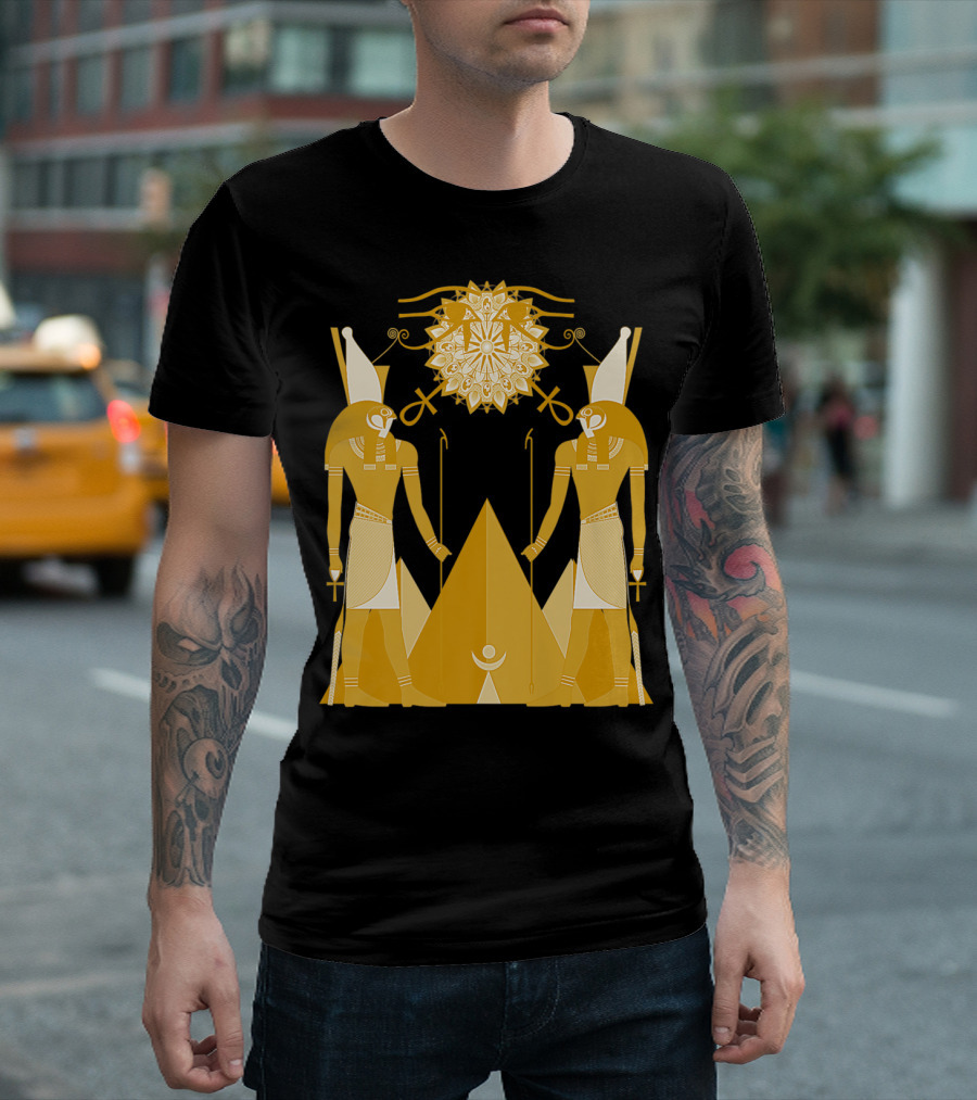 Ancient Egyptian God Horus Kemetic Heru Pyramid Symbolism Suns And Ankh Iconography T-Shirt