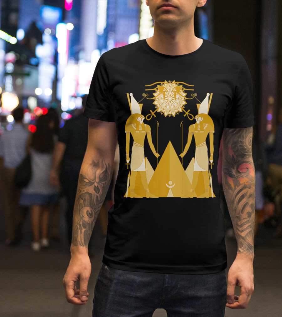 Ancient Egyptian God Horus Kemetic Heru Pyramid Symbolism Suns And Ankh Iconography T-Shirt