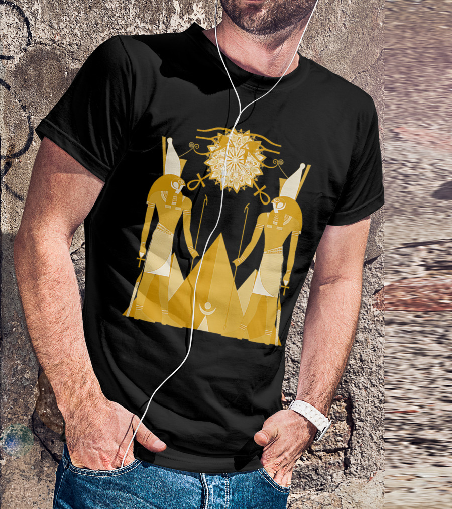 Ancient Egyptian God Horus Kemetic Heru Pyramid Symbolism Suns And Ankh Iconography T-Shirt