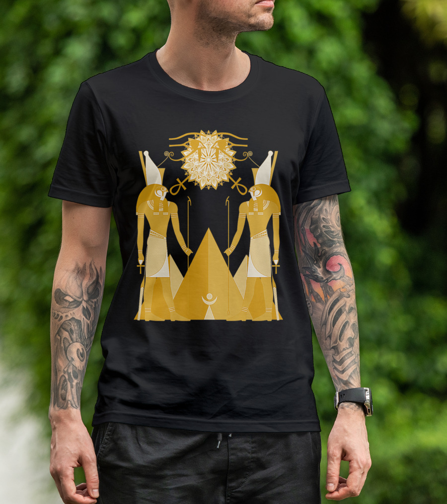 Ancient Egyptian God Horus Kemetic Heru Pyramid Symbolism Suns And Ankh Iconography T-Shirt