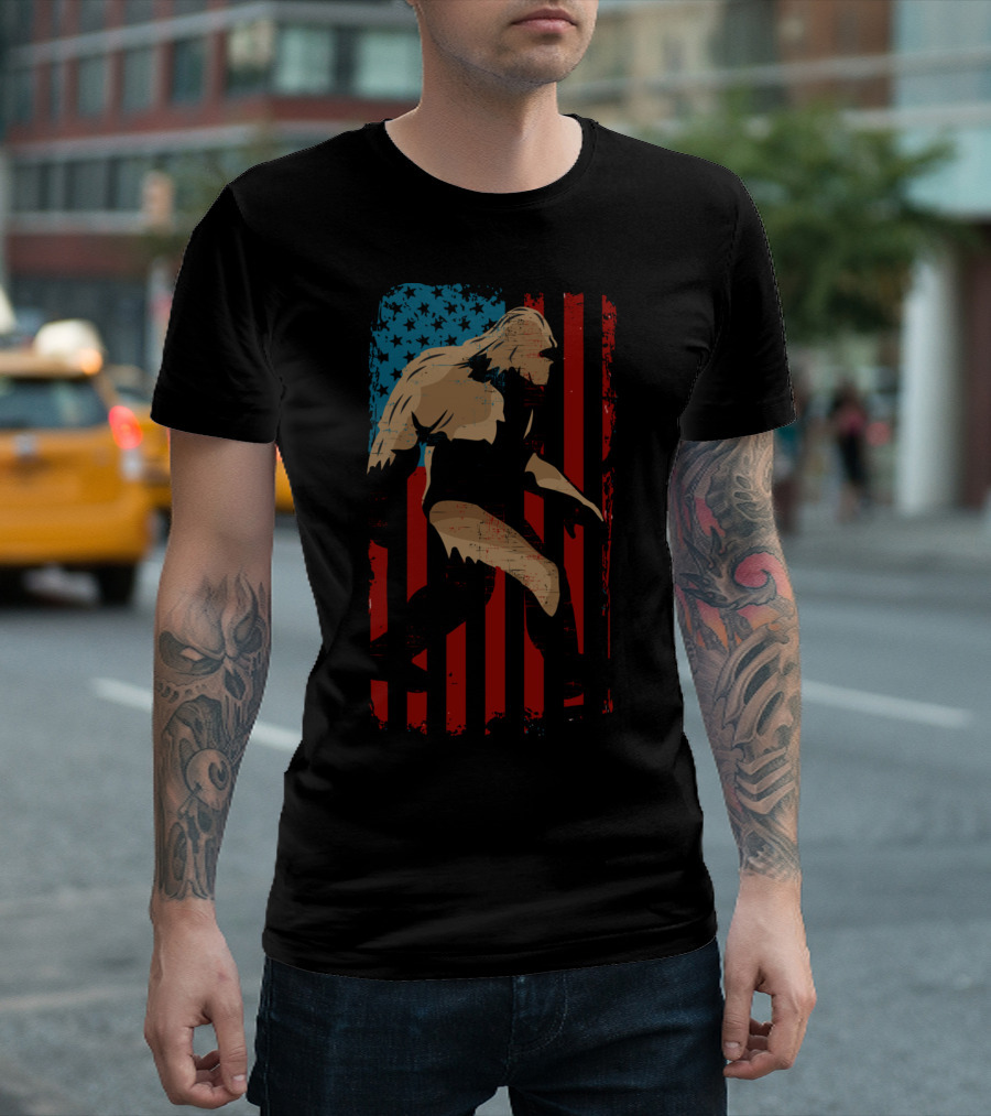Bigfoot Walking Across American Flag Distressed Look 4th Of July T-Shirt