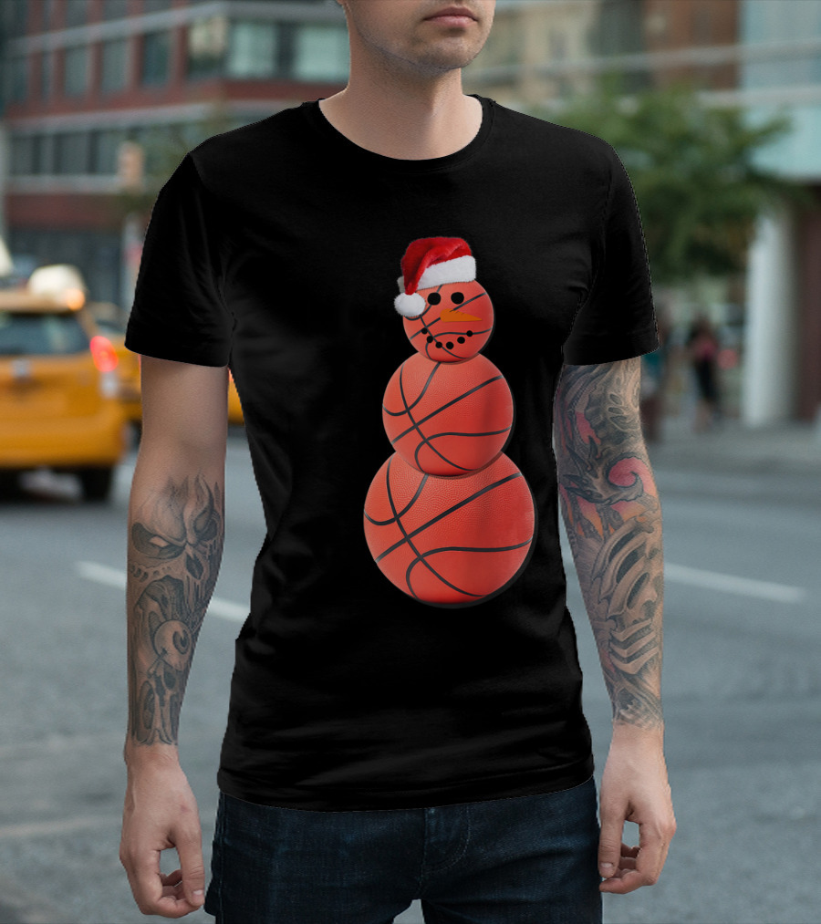Christmas Basketball Snowman Santa Hat T-Shirt