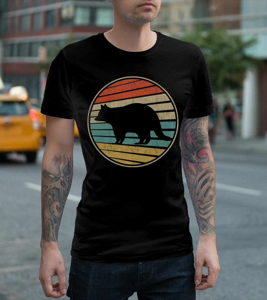 Vintage 70S 80S Raccoon Silhouette Retro Stripes T-Shirt